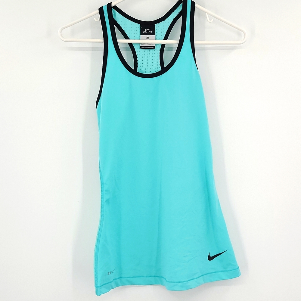 Nike Dri-Fit XS Aqua green blue black trim logo racer mesh back tanktop gym run